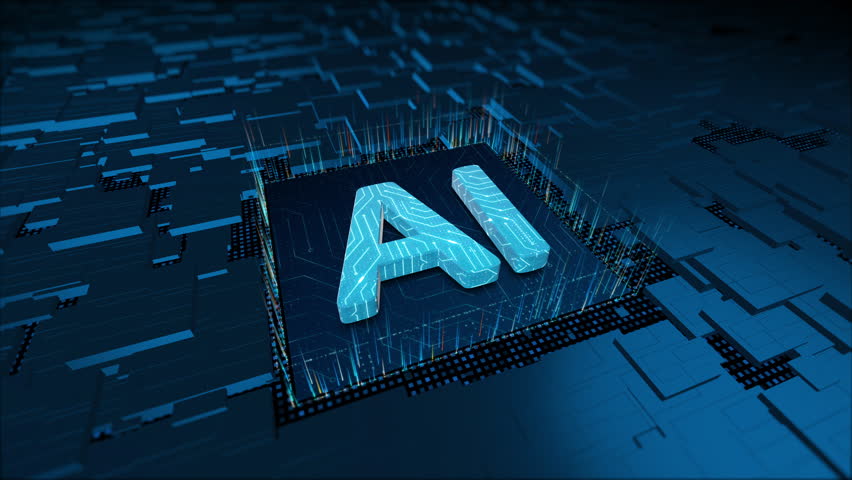 Motion graphic of 3D blue AI letter with circuit board and 3d abstract background concept of machine learning smartbot artificial intelligence chatbot technology and ai automatic answer Royalty-Free Stock Footage #1100529359