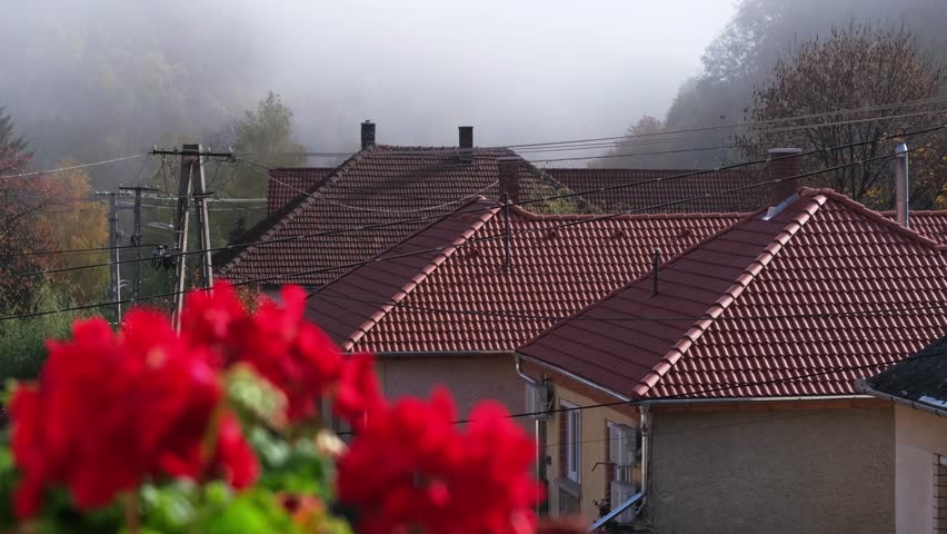 Traditional cube houses from Hungary. Typical street in a little mountain village. Simple living concept, rural autumn countryside scene with beautiful red geranium flowers. 4K