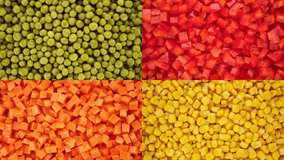 Multi screen green peas, corn, chopper red paprika and carrot. Healthy vegan food concept
