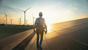 Professional Male Green Energy Engineer Walking On Industrial Solar Panel, Wearing Safety Belt And Hard Hat. Man Inspecting Sustainable Energy Farm With Wind Turbines On Background. - Powered by Shutterstock - Get 15% off with code: PIKWIZARD15
