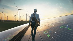 Professional Male Sustainable Energy Engineer Walking On Industrial Solar Panel, Wearing Safety Equipment. Man Inspecting Green Energy Farm With Wind Turbines. VFX Infographics Animation Shows Data. - Powered by Shutterstock - Get 15% off with code: PIKWIZARD15
