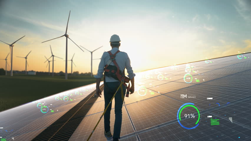 Professional Male Maintenance Engineer Walking On Solar Panel in Sustainable Resources Farm With Wind Turbines. Following Shot of Expert Inspecting Hardware. VFX Infographics Shows Statistics, Data. | Shutterstock HD Video #1100533169