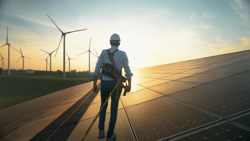 Professional Male Green Energy Engineer Walking On Solar Panel, Wearing Safety Belt And Hard Hat. Man Inspecting Sustainable Energy Farm With Wind Turbines. VFX Graphics Visualizing Electricity Flow. Royalty-Free Stock Footage #1100533181