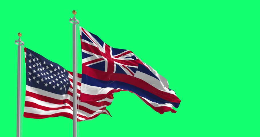 Hawaii state flag waving with the national flag of the US isolated on a green background. 3D render animation. Green screen matte. Alpha channel. Chroma key. Slow motion loop