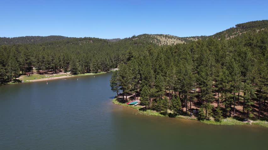 Custer State State Park, South Dakota USA. Aerial View of Center Lake Kayaking Area and Pine Forest, Drone Shot