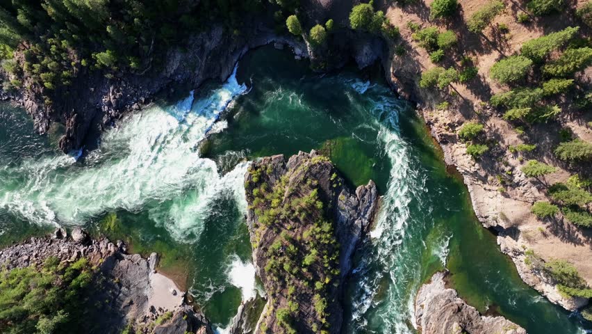 Topdown View Of Whitewater Falls Of Kootenai River In Libby, Montana, USA. Aerial Shot