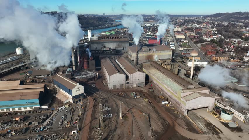 American steel mill manufacturing metals. Aerial shot of old fashioned factory with steam rising from pipes. Royalty-Free Stock Footage #1100535799