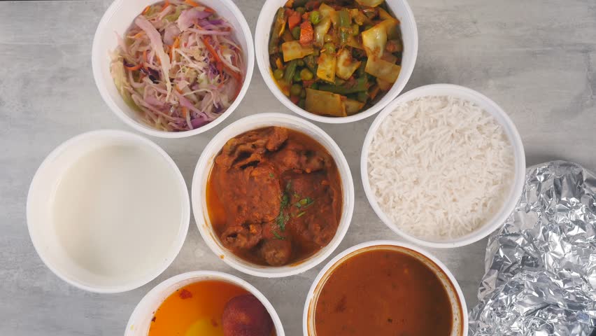 Stop motion of opening Indian Thali served in a white take away paper cups | Shutterstock HD Video #1100536601