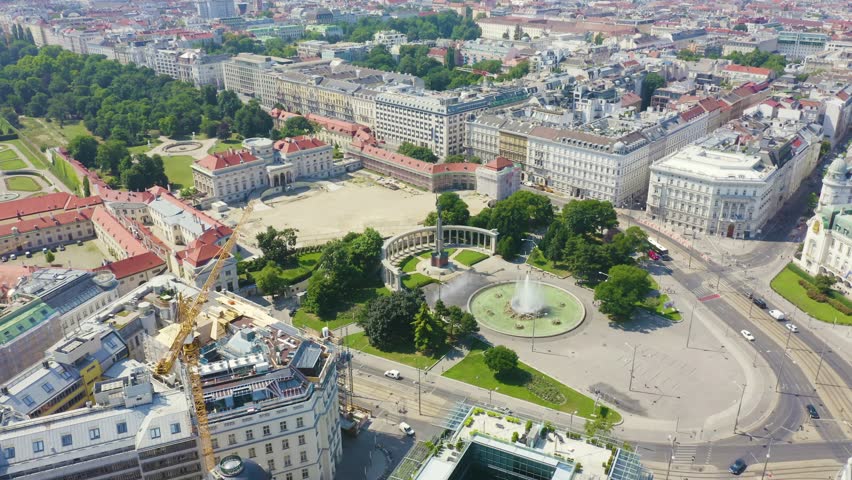 Inscription on video. Vienna, Austria. Monument to Soviet soldiers. Multicolored text appears and disappears, Aerial View, Point of interest