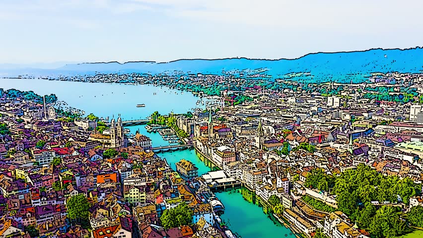 Zurich, Switzerland. An aerial panorama sweeps across the historic city center, capturing the Limmat River as it flows from Lake Zurich through a dense cluster of medieval and baroque rooftops. The twin towers of the Grossmuenster and the slender green spire of the Fraumuenster rise above the old town, while multiple stone bridges span the turquoise waterway below. The entire scene is rendered with bold black outlines and saturated colors, transforming the real-world skyline into a vibrant comic-book illustration. The camera glides smoothly over the urban landscape, revealing the interplay between historic church architecture, winding streets, and the expansive blue lake framed by distant hills. Bright summer daylight illuminates the scene, emphasizing the contrast between the deep blue water, terracotta rooftops, and lush green vegetation. The artistic treatment preserves the recognizable geography of Zurich while presenting it as an eye-catching, stylized travel destination. Color sketch in cartoon style.