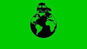 Animated car drives around the planet. black vintage car with baggage rides. Looped video. Travel concept by car. Trip around the world. Flat vector illustration isolated on white background.
