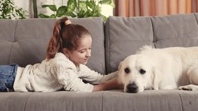 Little girl lying on sofa with beautiful purebred golden retriever dog in living room. Taking care after pet, relaxation. Concept of family, childhood, pets, care, friendship, emotions. leisure