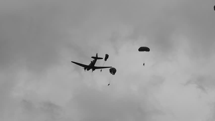 D-Day celebrations, parachutists, planes and Dakotas above Europe, France, Belgium, Great Britain and the Netherlands during the battle of Normandy (DDay, D