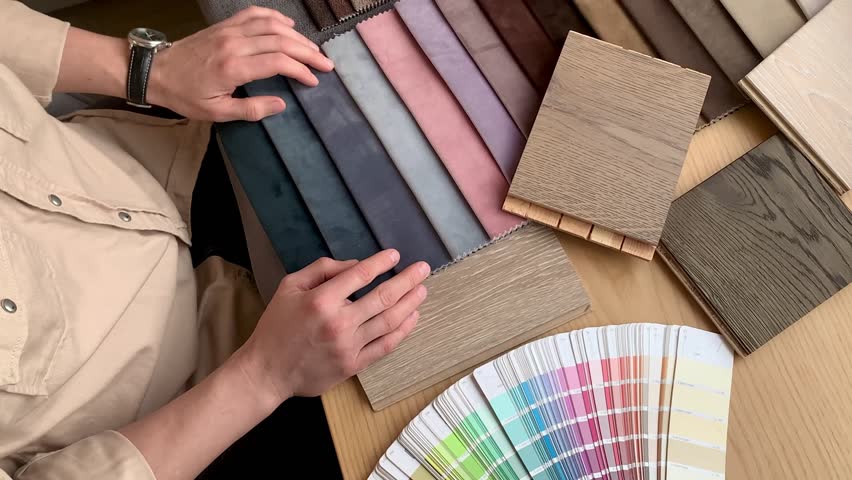 Top view: interior designer chooses finishes for a house, examines samples of wood and fabrics. Concept: the architect selects the color of textiles and samples of materials for furniture Royalty-Free Stock Footage #1100558813