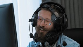 call center employee with lots of headphones. A wacky online support employee gives advice to a lot of customers. Crazy, Freak, Mad. Overworked. Multitasking. Stress tolerance. Man Funky  - Powered by Shutterstock - Get 15% off with code: PIKWIZARD15