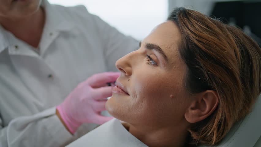 Woman making botulinum therapy in modern cosmetology clinic close up. Professional cosmetologist doing injection with botox for rejuvenation face skin. Attractive lady patient smoothing wrinkles. Royalty-Free Stock Footage #1100565543