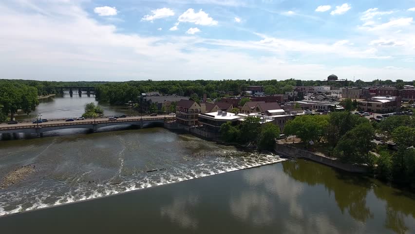 Geneva, Illinois USA, Aerial View of Fox River, Bridge Traffic and Waterfront Buildings