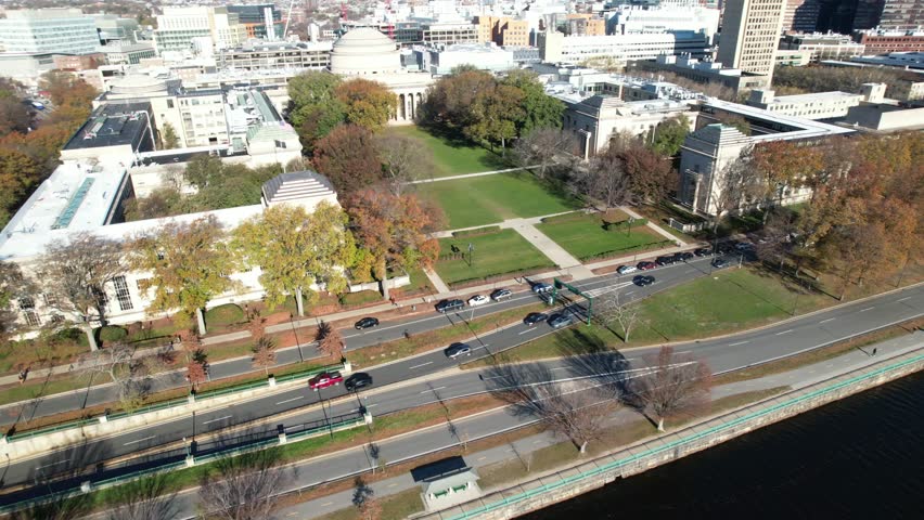 Aerial View of Killian Court Park and Great Dome, Part of MIT, Boston MA USA, Memorial Drive Traffic on Sunny Autumn Day