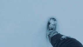 Human Footprints in the Snow. Follow the Trail on the White Snow. Winter Season. Legs of Woman Walking on Snow With Footprints on Snowy Day Walking on the Snow Wearing Winter Boots. Slow Motion - Powered by Shutterstock - Get 15% off with code: PIKWIZARD15