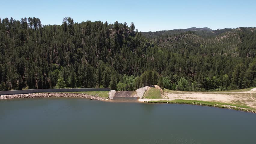 Aerial View of Dam and Spillway of Center Lake, Custer State Park, South Dakota USA