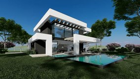 4K video rendering of modern cozy house with pool and parking for sale or rent in luxurious style and beautiful landscaping on background. Summer sunny day with clear blue sky.