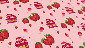 An abstract pattern animated with geometric elements in the form of strawberry ice cream. pink gradient background
