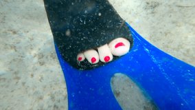 Underwater view of a female foot with red toenails and a flipper on the seabed.