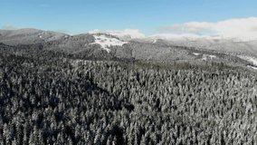 Sunny day in snow covered Carpathian Mountains. Clouds above clear sky 4k