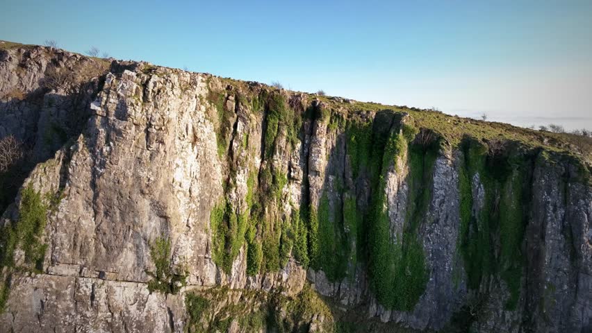 Cheddar gorge cliffs. South of England. Cinematic drone flight