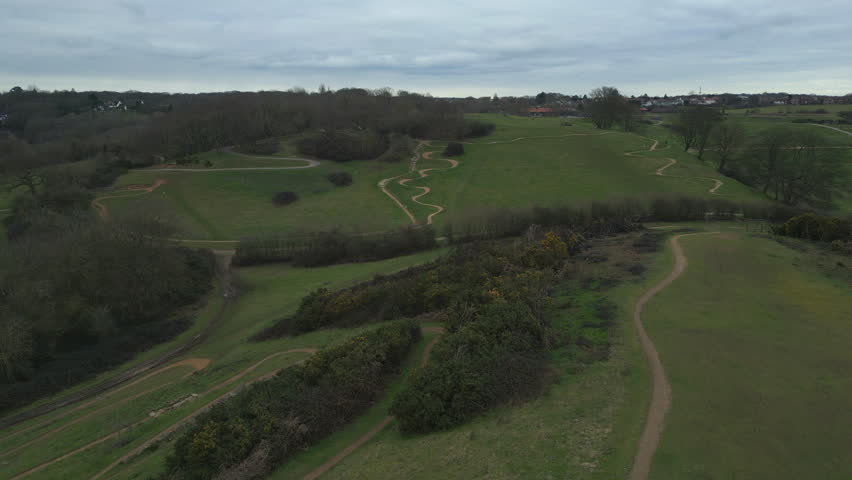 Zoom in of twisty Hadleigh Park mountain biking trails, drone