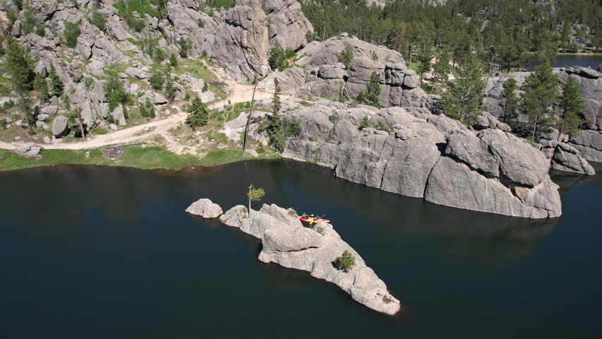 Aerial View of Kayak in Sylvan Lake, Custer State Park, South Dakota USA, Drone Shot