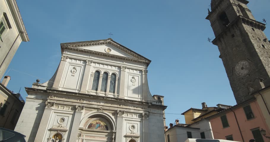 Pontremoli cathedral. Cathedral with bell tower in Lunigiana. Piazza del Duomo in Pontremoli with the facade of the church.