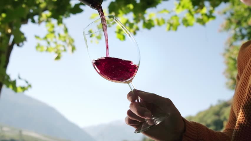 Red wine pouring into glass, under a vine arbor, slow motion