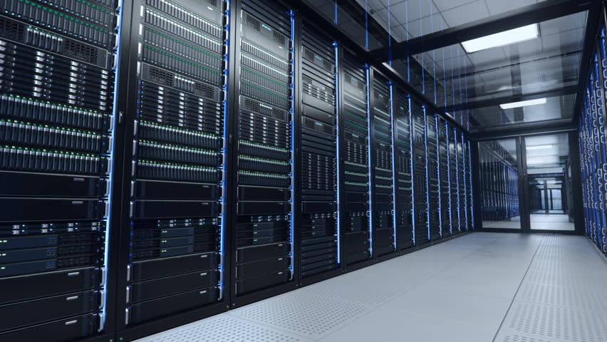 Corridor with Server Racks with Blinking Lights inside Bright Working Data Center. Advanced Cloud Computing Concept. Royalty-Free Stock Footage #1100592823