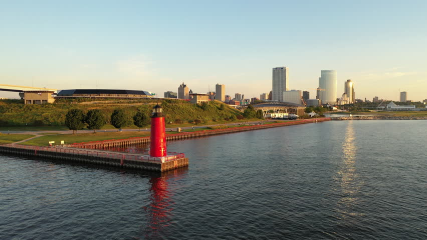 Aerial view of Pierhead Lighthouse, Lake Michigan Pier, downtown in Milwaukee, Wisconsin, USA  at sunrise 