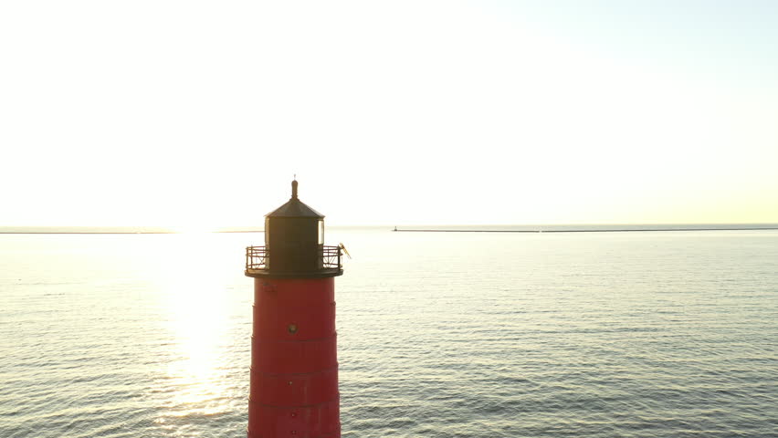 Aerial view of Pierhead Lighthouse, Lake Michigan, in Milwaukee, Wisconsin, USA  at sunrise 