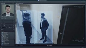 Playback office CCTV camera on computer. Workers walk in business office corridor. AI software with facial recognition and personal profiles. Security camera with digital face scanning analyze system. - Powered by Shutterstock - Get 15% off with code: PIKWIZARD15