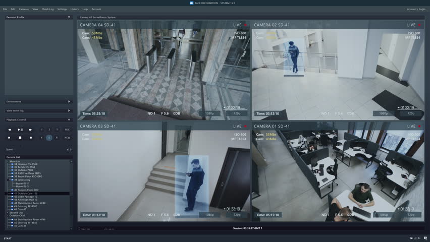 Playback CCTV cameras in coworking office on computer screen. Interface of AI futuristic program with personal profiles and recognition system. Security cam. Concept of identification and tracking. Royalty-Free Stock Footage #1100596195
