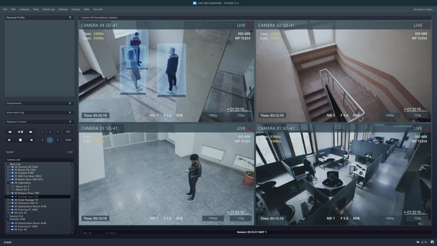 Playback CCTV cameras in business office on computer screen. Interface of AI futuristic program with information and recognition system. Security cameras. Concept of identification and tracking. Royalty-Free Stock Footage #1100596197