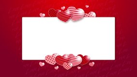 Romantic greeting card template. Moving shapes of love hearts on a red background. Blank empty space for text. Loop video.