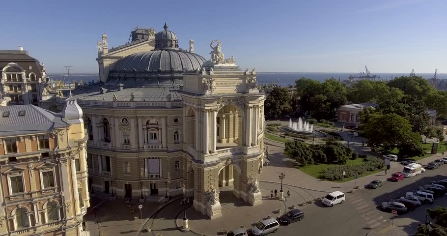 Aerial view of the Odessa National Academic Opera and Ballet Theatre. One of the best theaters in Ukraine, a fountain works nearby