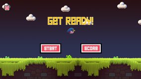2D fake video game gameplay animation with flying bird theme. Bird game. Fake Game Design for Mobile and Pc. 4K Animation. Flappy bird
