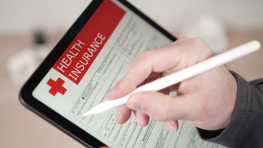Filling up a digital health insurance form on the tablet using a pen. Digital document being filled online Royalty-Free Stock Footage #1100601097
