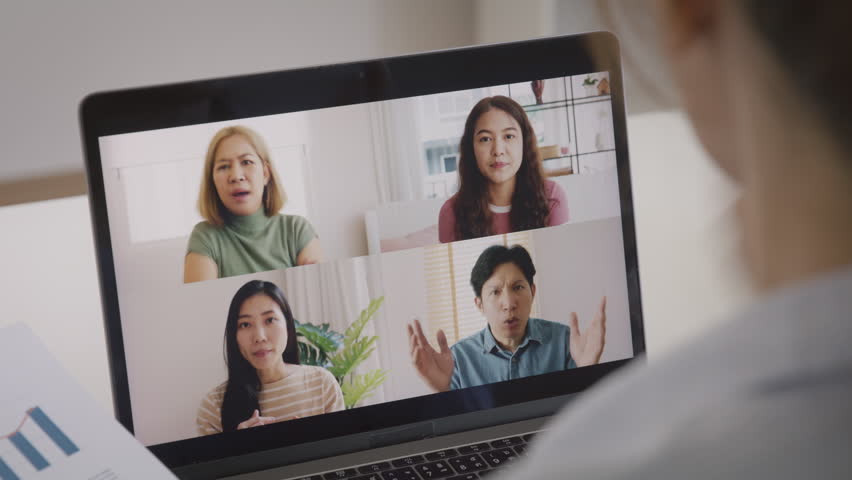 Bad toxic team video call work argue point face stress rude yelling anger hate speech at male coworkers. Asia people man woman fight on laptop meeting at office upset mad bossy worker career job issue | Shutterstock HD Video #1100603431