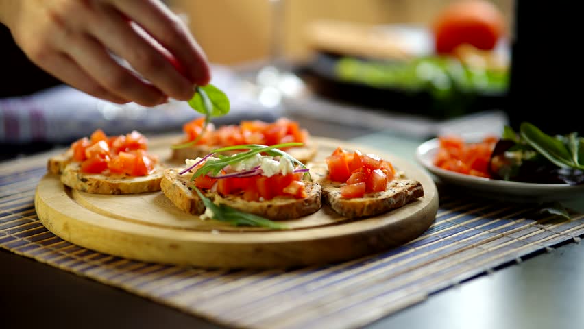 Delicious Tapas Canapes ,Cheese ,Tomatoes. Appetizer Spanish Tapas. Spain Restaurant Traditional Food Canape. Mediterranean Food Spanish Tapas Starter Party. Tasty Tapas On Barcelona Food Catering | Shutterstock HD Video #1100604111