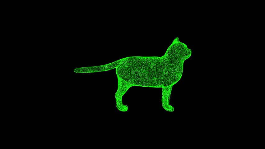 3D cat rotates on black bg. Object dissolved green flickering particles 60 FPS. Business advertising backdrop. Science concept. For title, text, presentation. 3D animation.