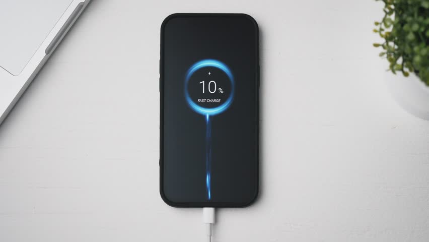 Smarthpone charging really fast, using special turbo charge technology. Quick speed charging of a mobile phone. Royalty-Free Stock Footage #1100612721