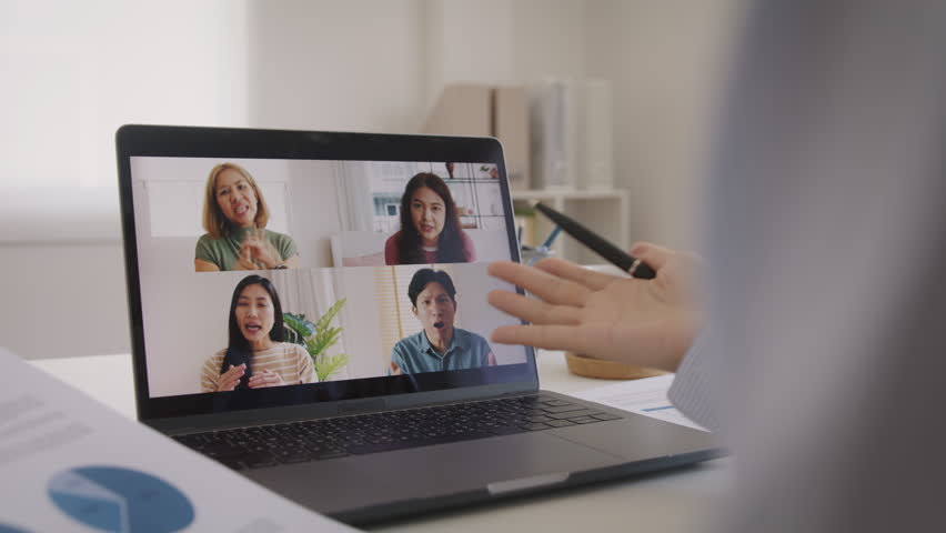 Bad toxic team video call work argue point face stress rude yelling anger hate speech at male coworkers. Asia people man woman fight on laptop meeting at office upset mad bossy worker career job issue | Shutterstock HD Video #1100613319