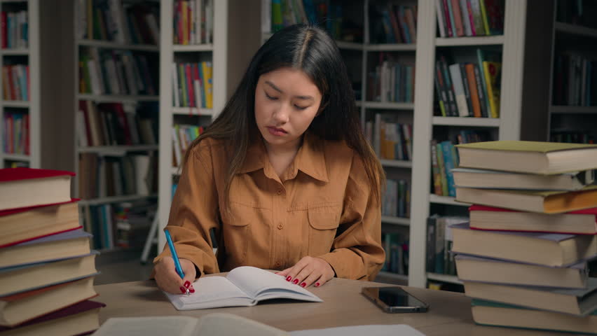 Asian girl student sitting in library write doing homework frustrated young woman getting notification on mobile phone reading bad news failing exam dropout from college losing scholarship feel upset Royalty-Free Stock Footage #1100618369