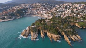 Aerial video. Slowmotion shot of the city of Ulcinj, a coastal town in the southern part of Montenegro. Travel destinations of Montenegro